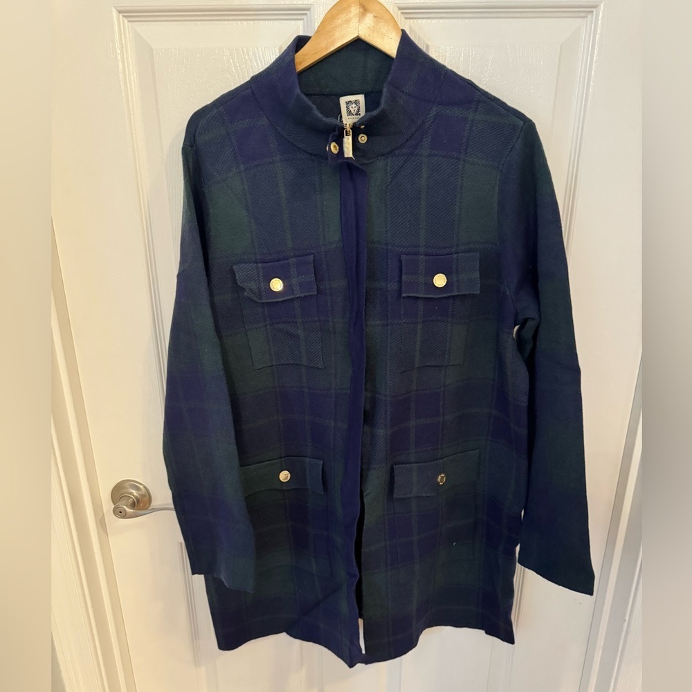 Anne Klein Navy and Dark Green Plaid Coatigan with Gold Buttons